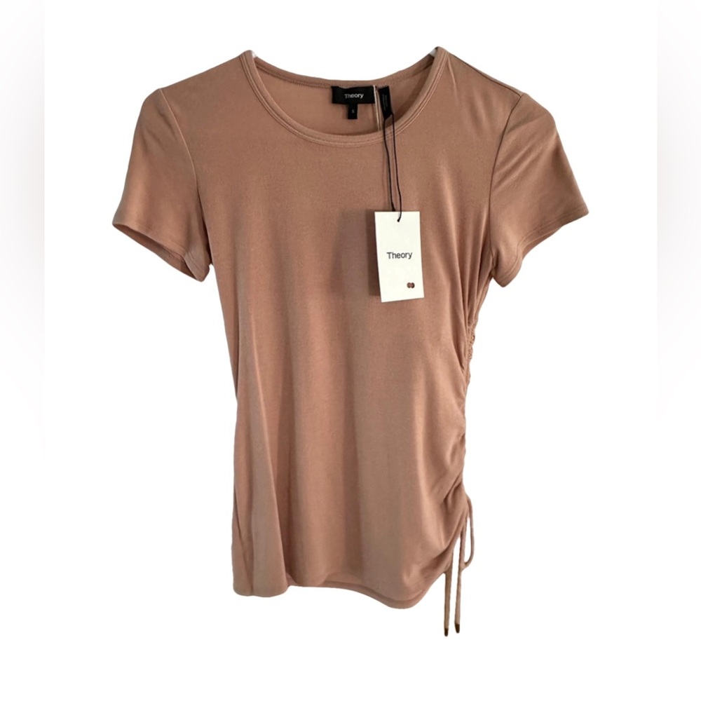 Theory Jilaena Ruched Side Ribbed T-Shirt Beige Minimal NWT Size S